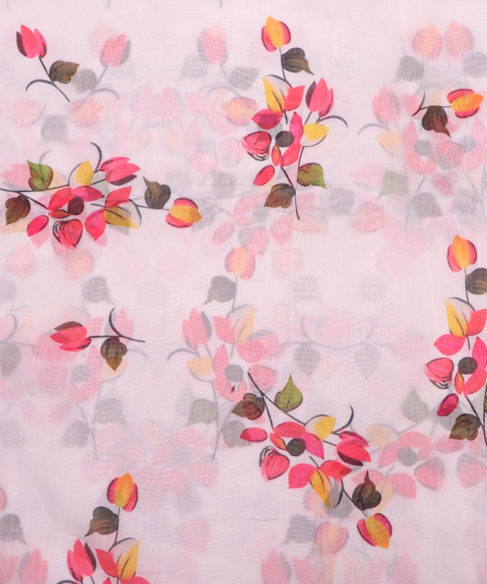 white colour flower print chanderi fabric