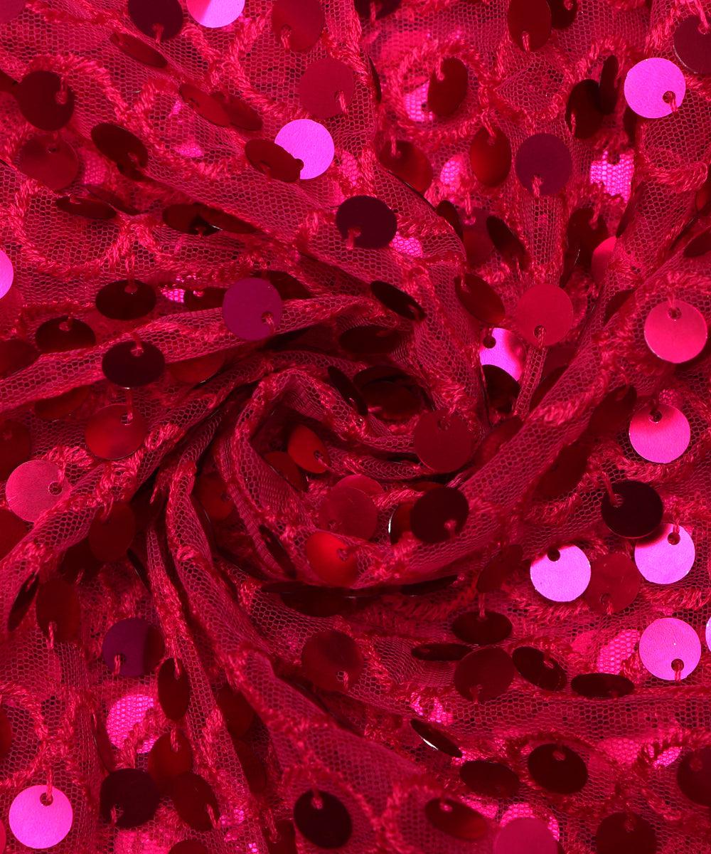 neon pink colour sequin net embroidery fabric
