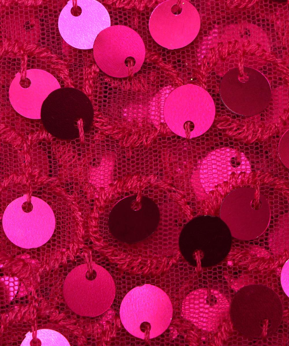 neon pink colour sequin net embroidery fabric