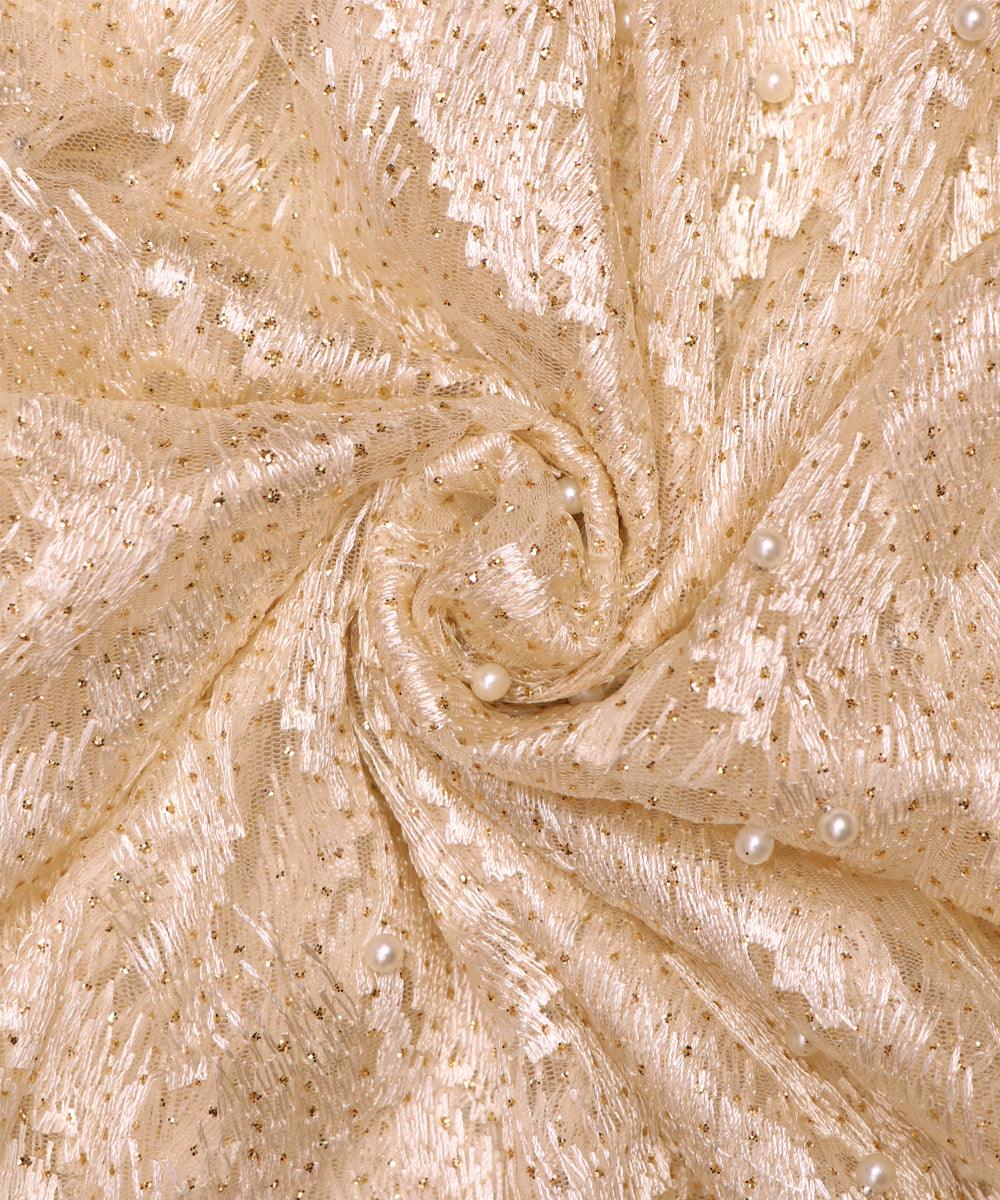 Off White Colour Abstract Pattern Imported Net Thread Embroidery Fabric