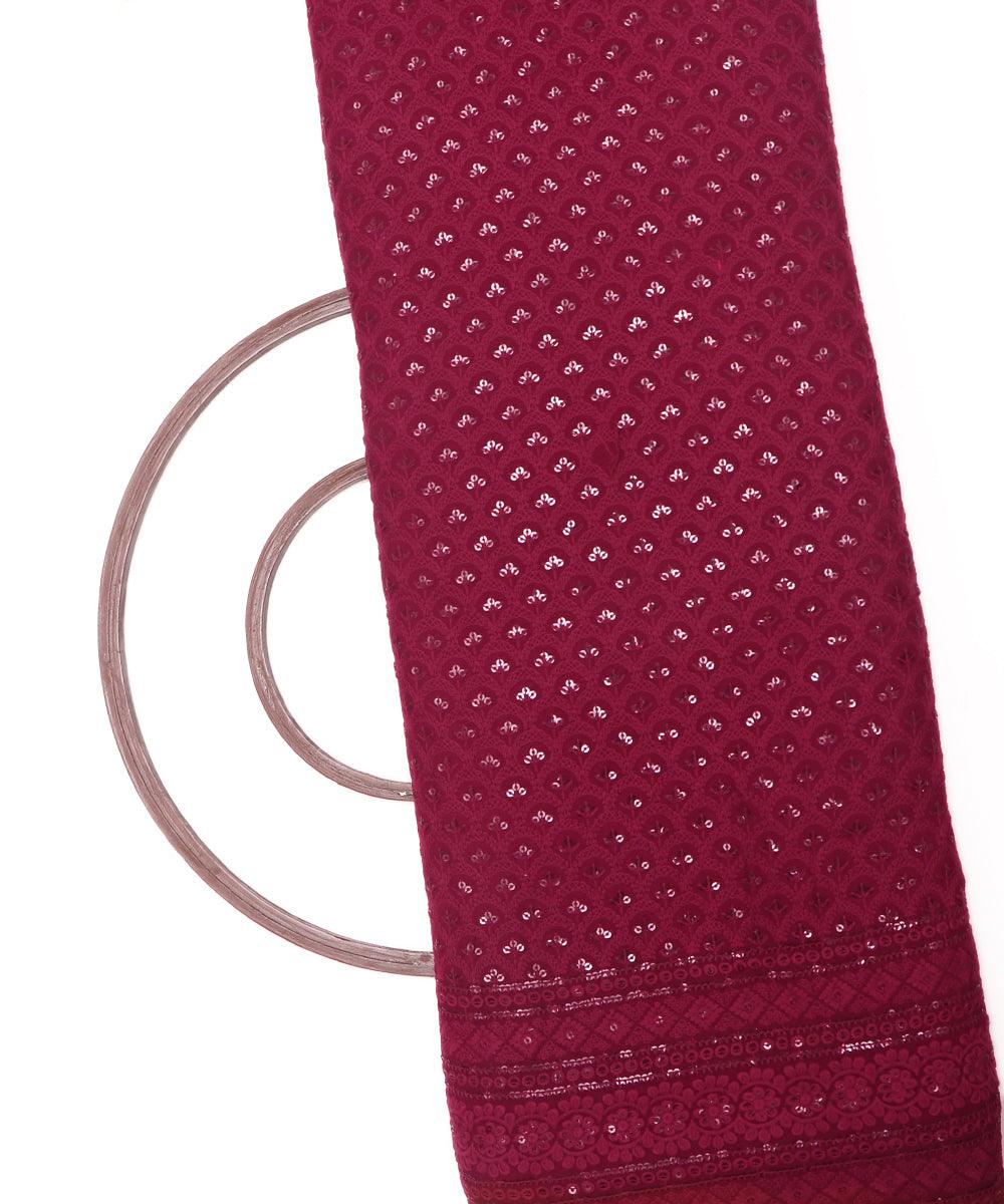 Wine Colour Chikan Embroidery Rayon Fabric