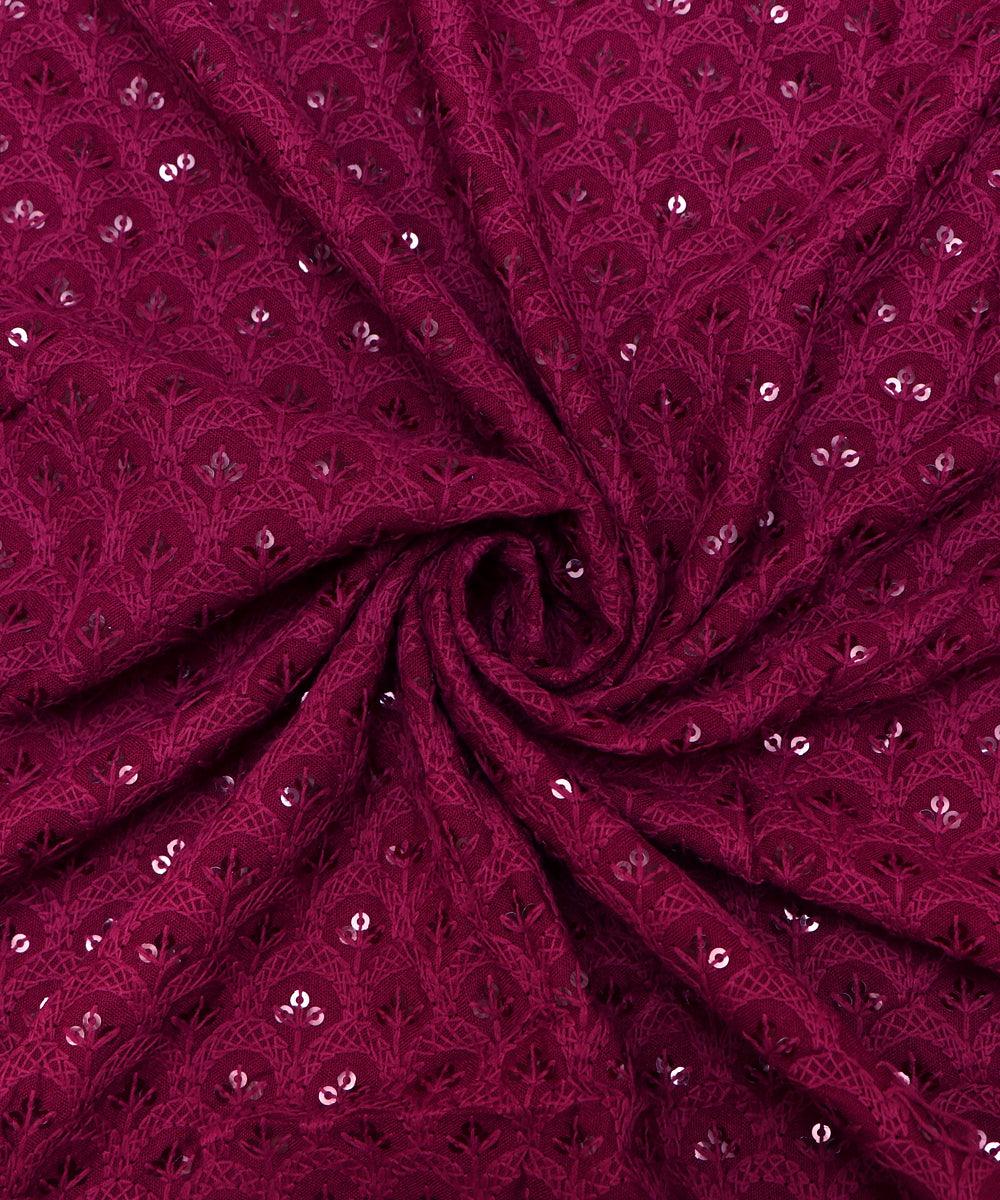 Wine Colour Chikan Embroidery Rayon Fabric