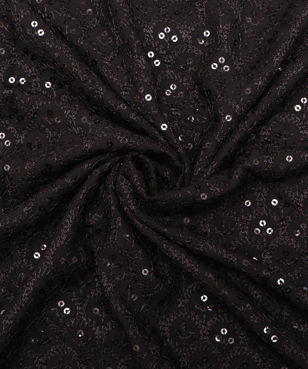 Black Colour Chikan Embroidery Rayon Fabric