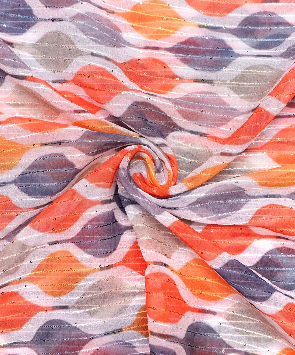 White Colour Digital Print Georgette Sequin Embroidery Fabric