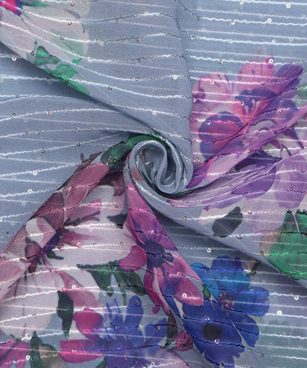 Light Grey Colour Digital Print Georgette Sequin Embroidery Fabric