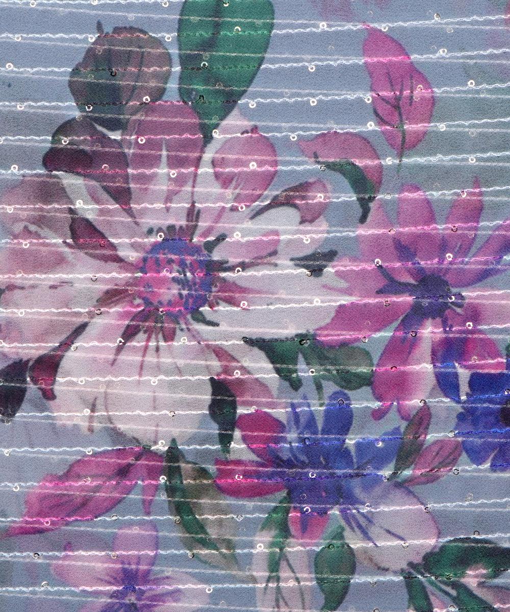 Light Grey Colour Digital Print Georgette Sequin Embroidery Fabric