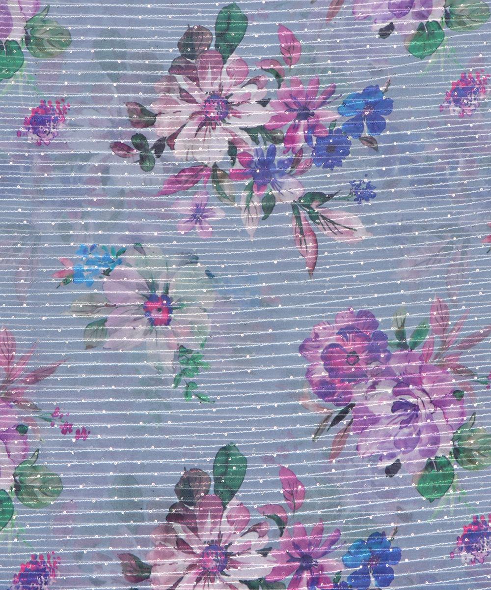 Light Grey Colour Digital Print Georgette Sequin Embroidery Fabric
