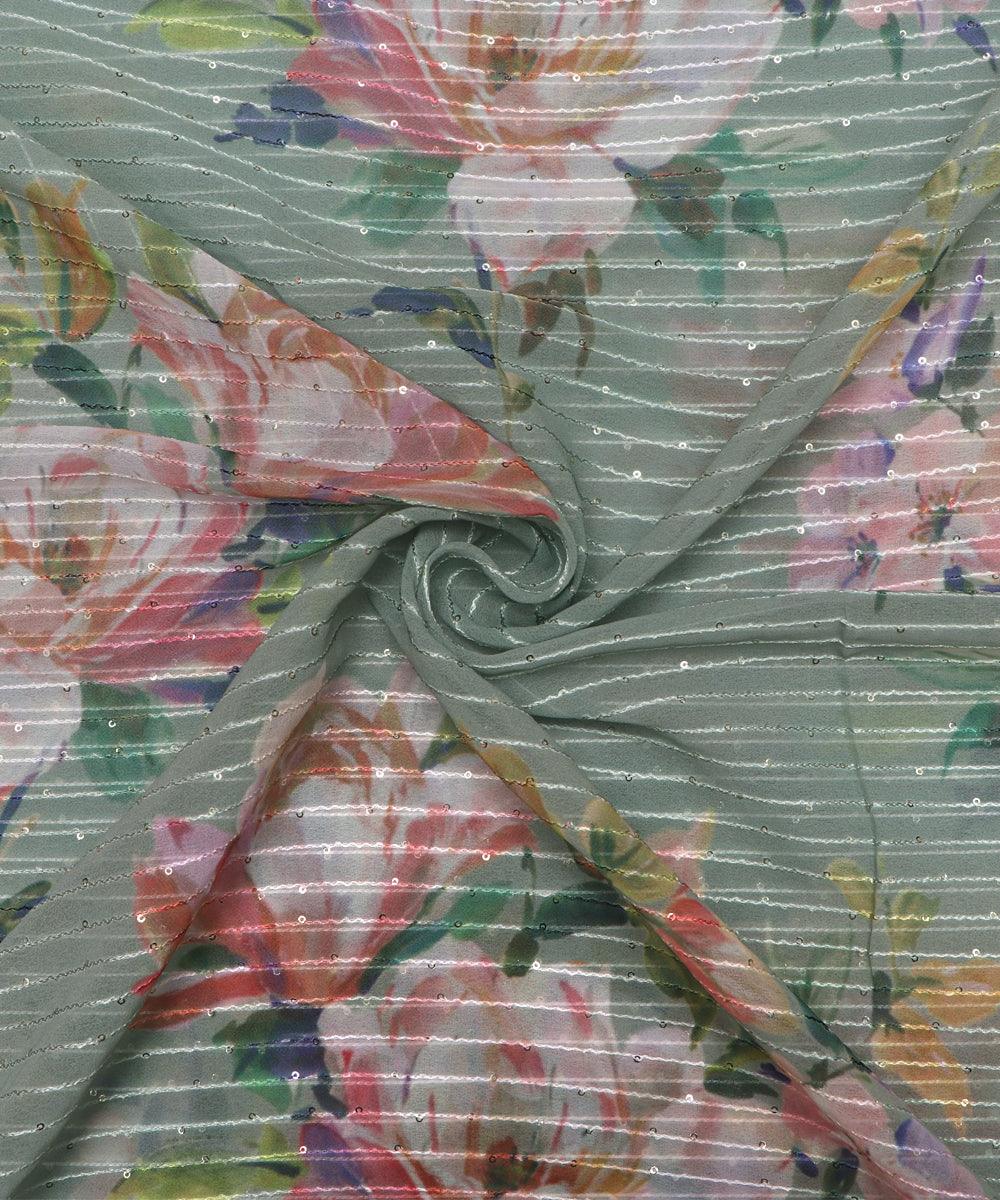 Stone Grey Colour Digital Print Georgette Sequin Embroidery Fabric