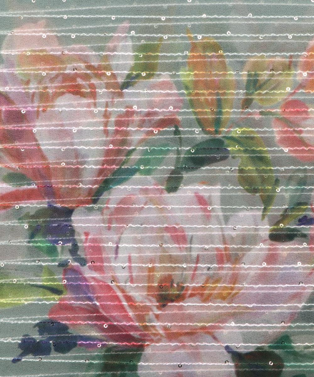 Stone Grey Colour Digital Print Georgette Sequin Embroidery Fabric