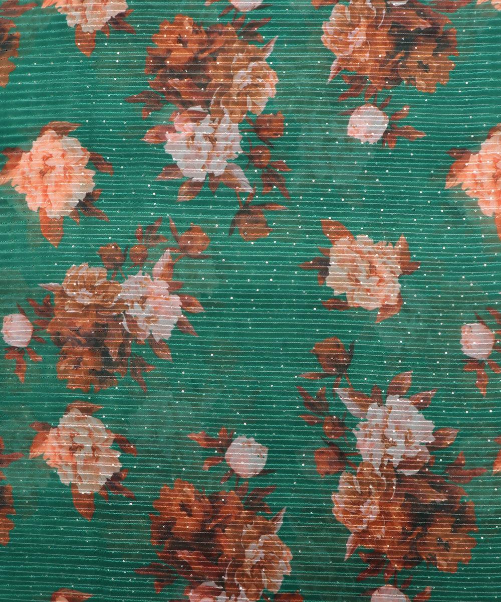 Rama Green Colour Digital Print Georgette Sequin Embroidery Fabric