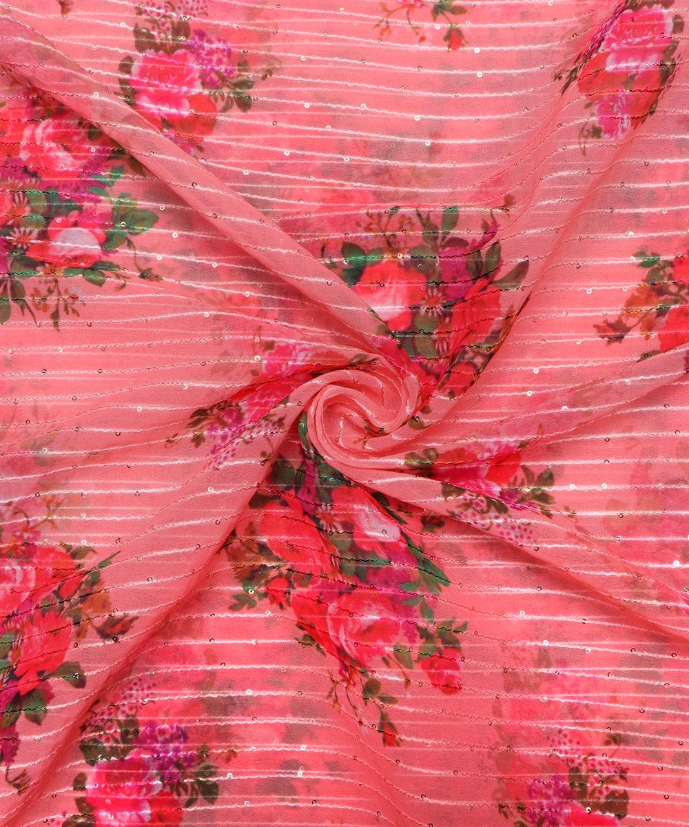 Peach Pink Colour Digital Print Georgette Sequin Embroidery Fabric