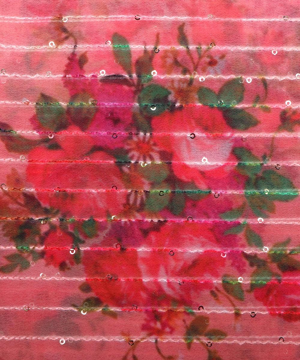 Peach Pink Colour Digital Print Georgette Sequin Embroidery Fabric