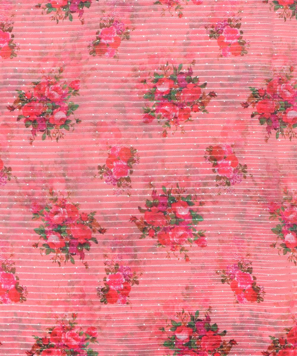 Peach Pink Colour Digital Print Georgette Sequin Embroidery Fabric