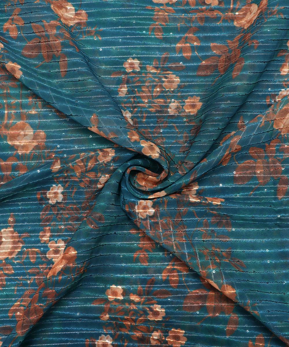 Teal Blue Colour Digital Print Georgette Sequin Embroidery Fabric