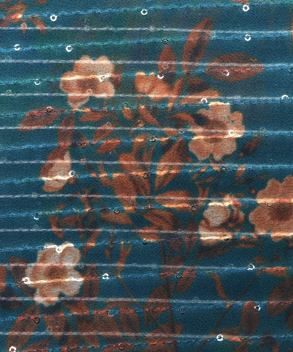 Teal Blue Colour Digital Print Georgette Sequin Embroidery Fabric