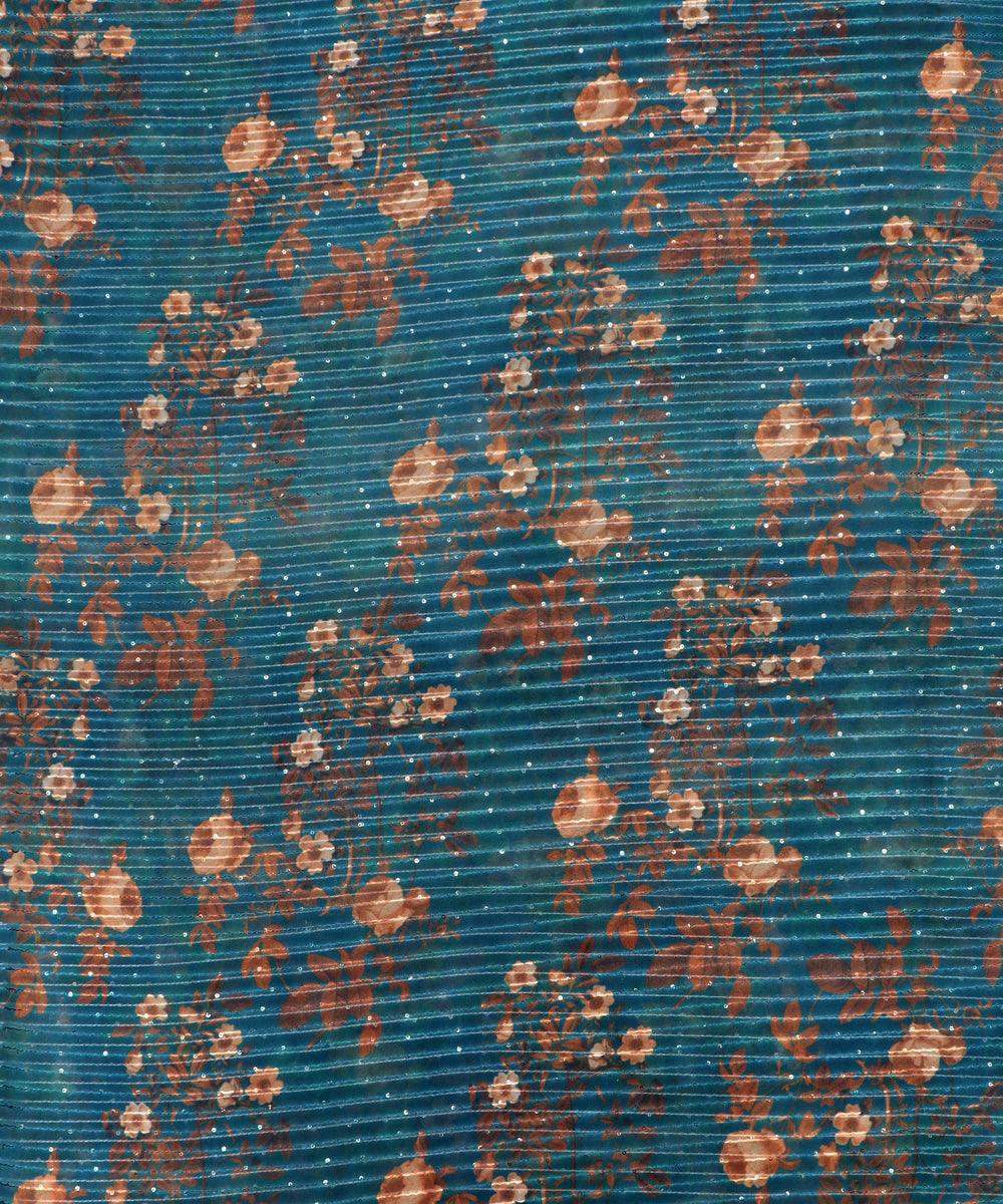 Teal Blue Colour Digital Print Georgette Sequin Embroidery Fabric