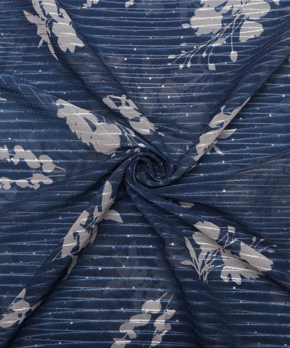 Blue Colour Digital Print Georgette Sequin Embroidery Fabric