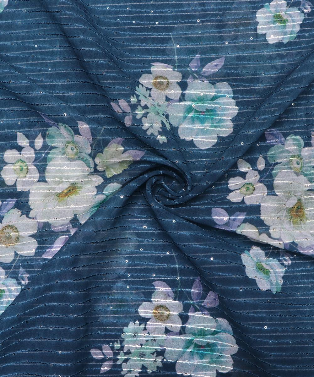 Teal Blue Colour Digital Print Georgette Sequin Embroidery Fabric