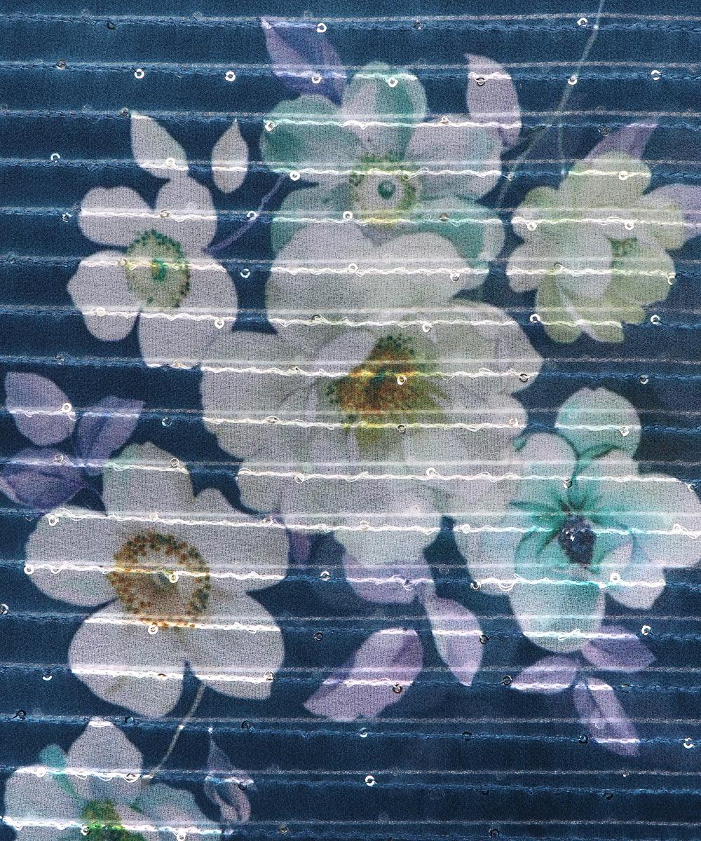 Teal Blue Colour Digital Print Georgette Sequin Embroidery Fabric