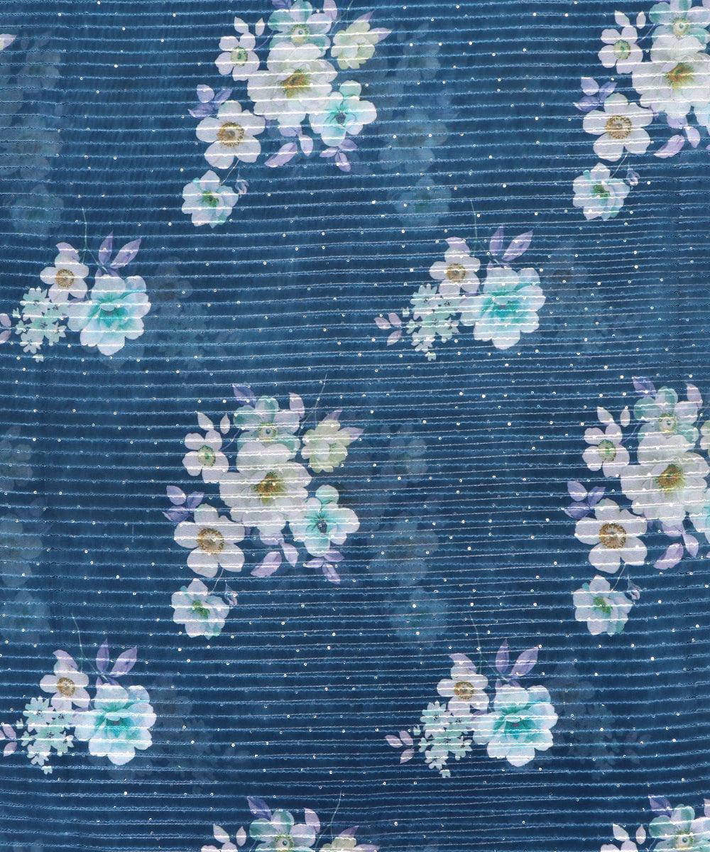 Teal Blue Colour Digital Print Georgette Sequin Embroidery Fabric