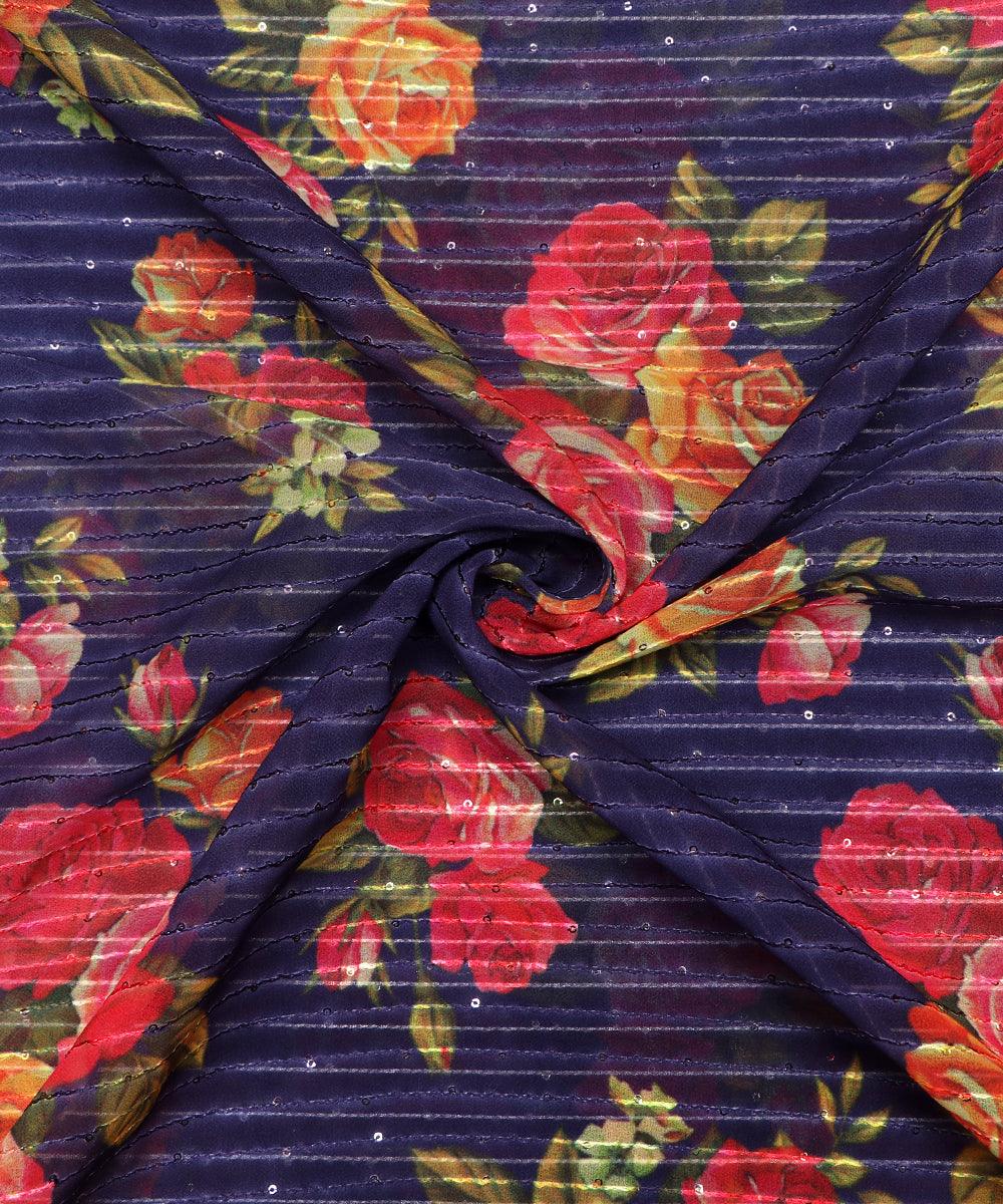 Navy Blue Colour Digital Print Georgette Sequin Embroidery Fabric