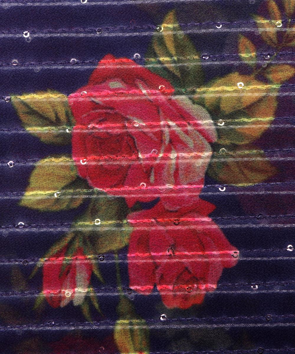 Navy Blue Colour Digital Print Georgette Sequin Embroidery Fabric