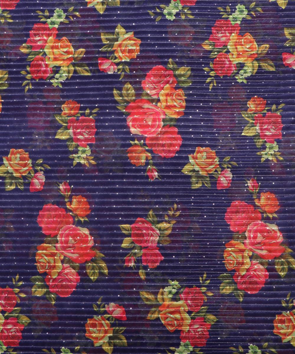 Navy Blue Colour Digital Print Georgette Sequin Embroidery Fabric