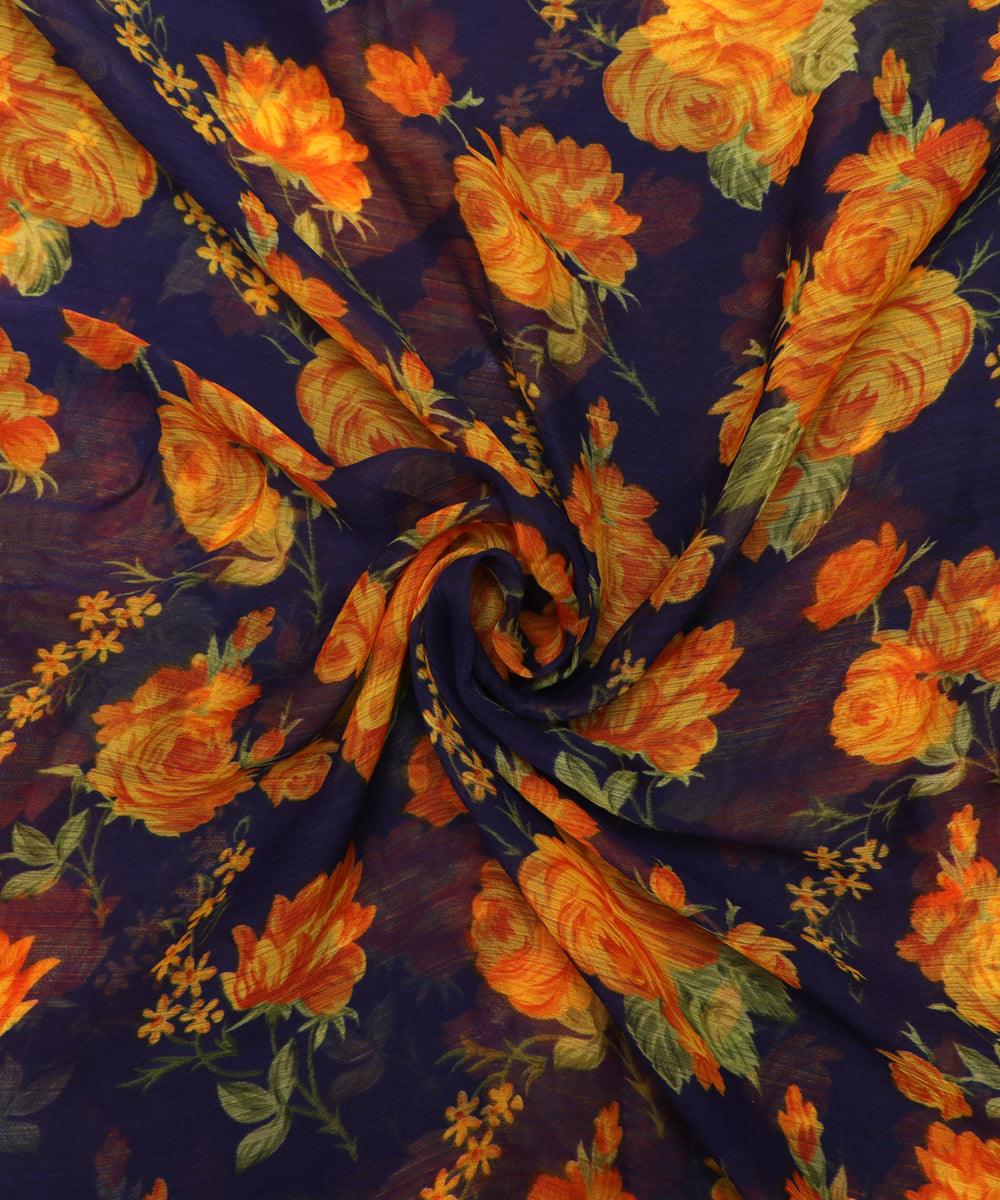 Navy Blue Floral Print Chiffon Fabric