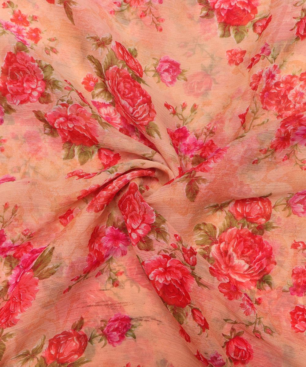 Peach Colour Floral Print Chiffon Fabric