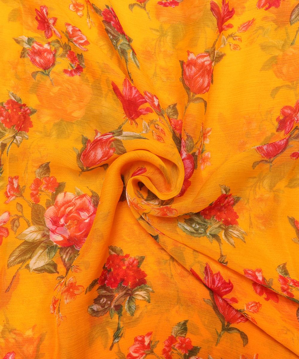 Mango Yellow Colour Floral Print Chiffon Fabric