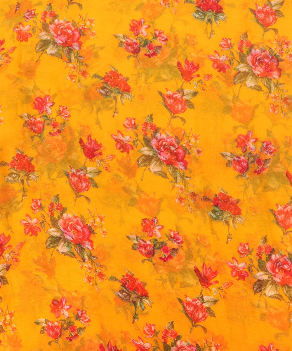 Mango Yellow Colour Floral Print Chiffon Fabric