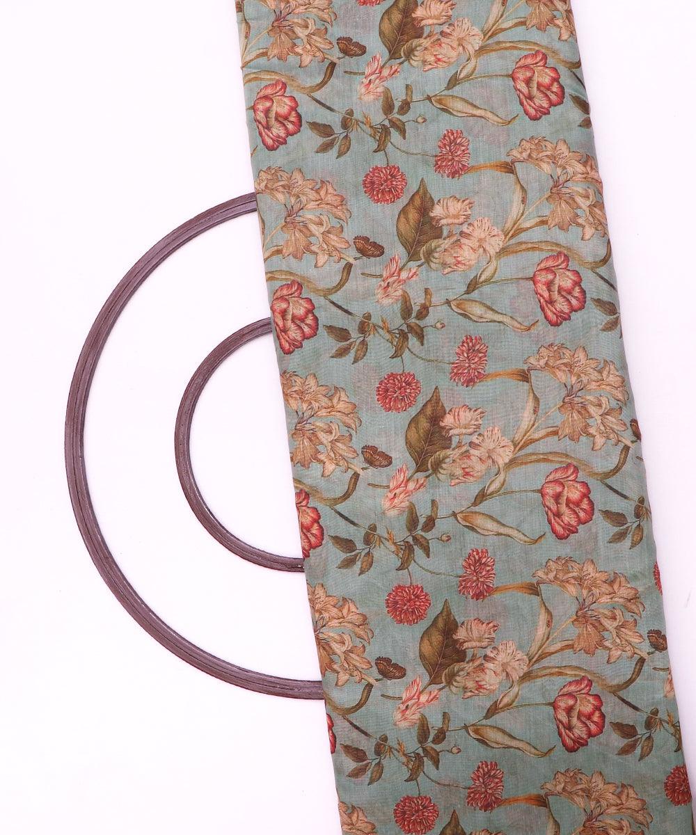 grey green and green two tone floral print cotton chanderi fabric b124 5364
