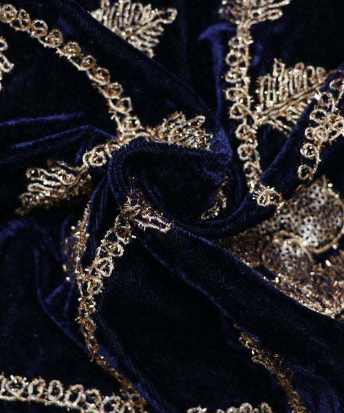 Dark Blue Velvet With Golden Zari Embroidered Border- ( 9mtr )