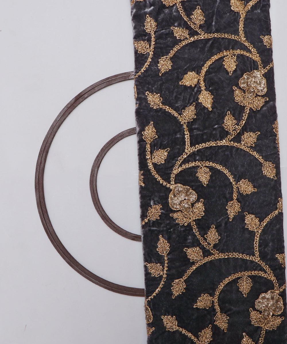 grey and golden floral zari embroidery velvet fabric b106 5921