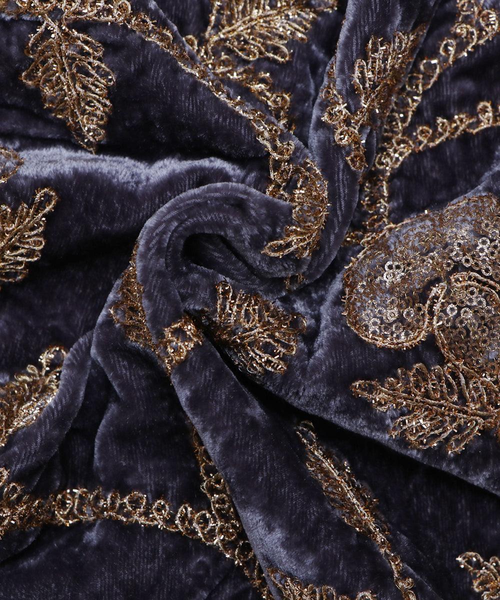 grey and golden floral zari embroidery velvet fabric b106 5921