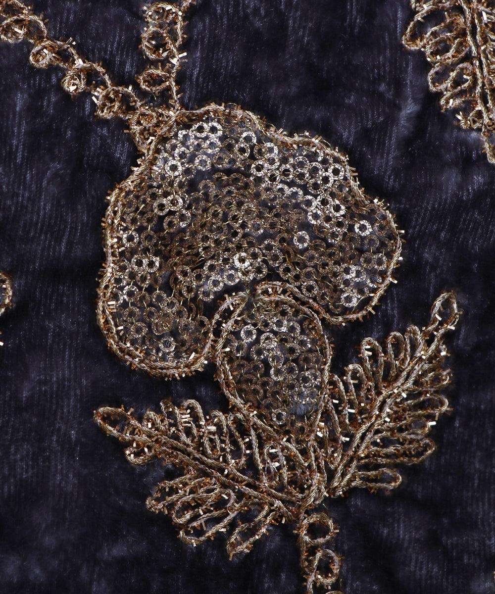 grey and golden floral zari embroidery velvet fabric b106 5921
