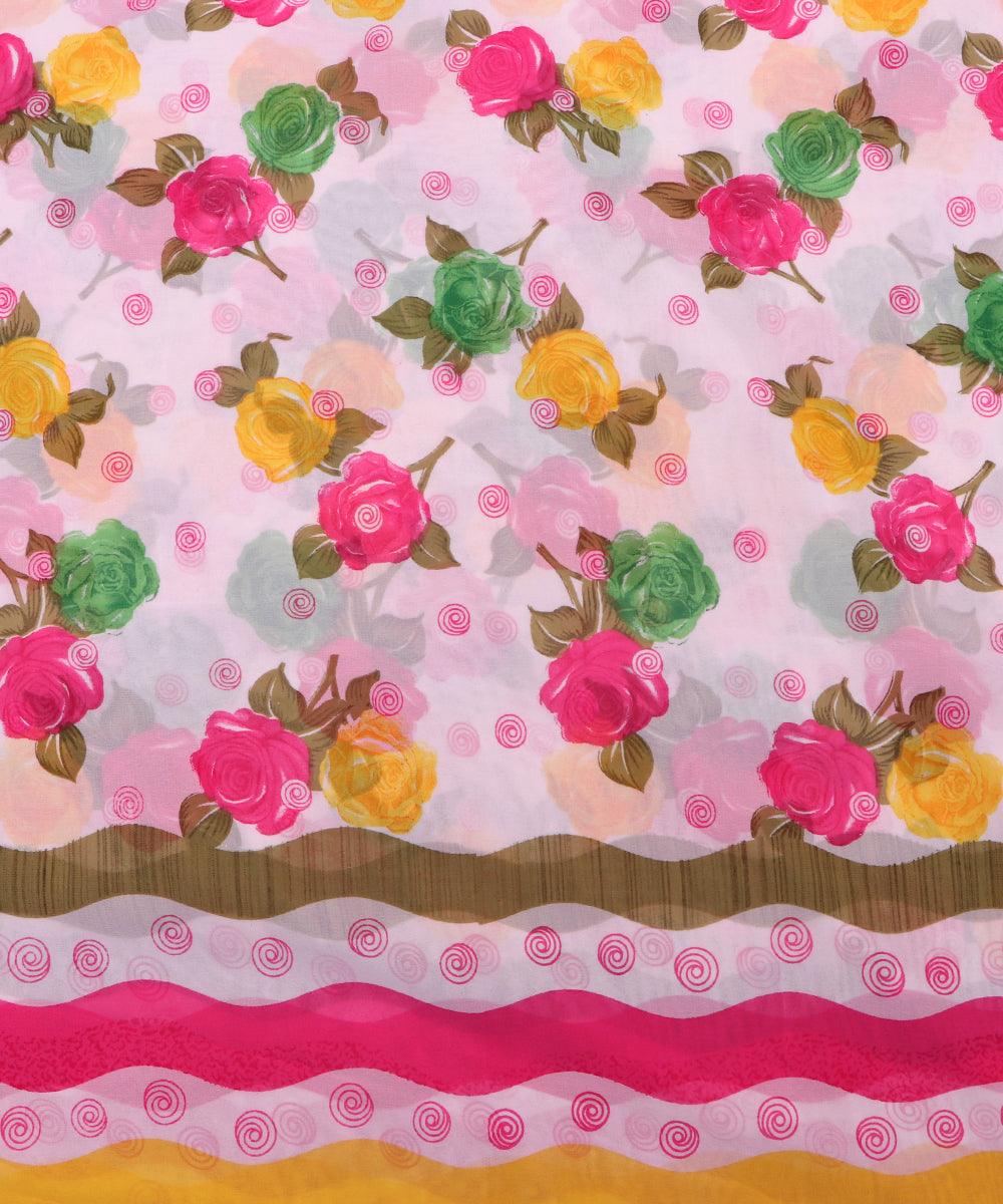 white pink floral print georgette fabric