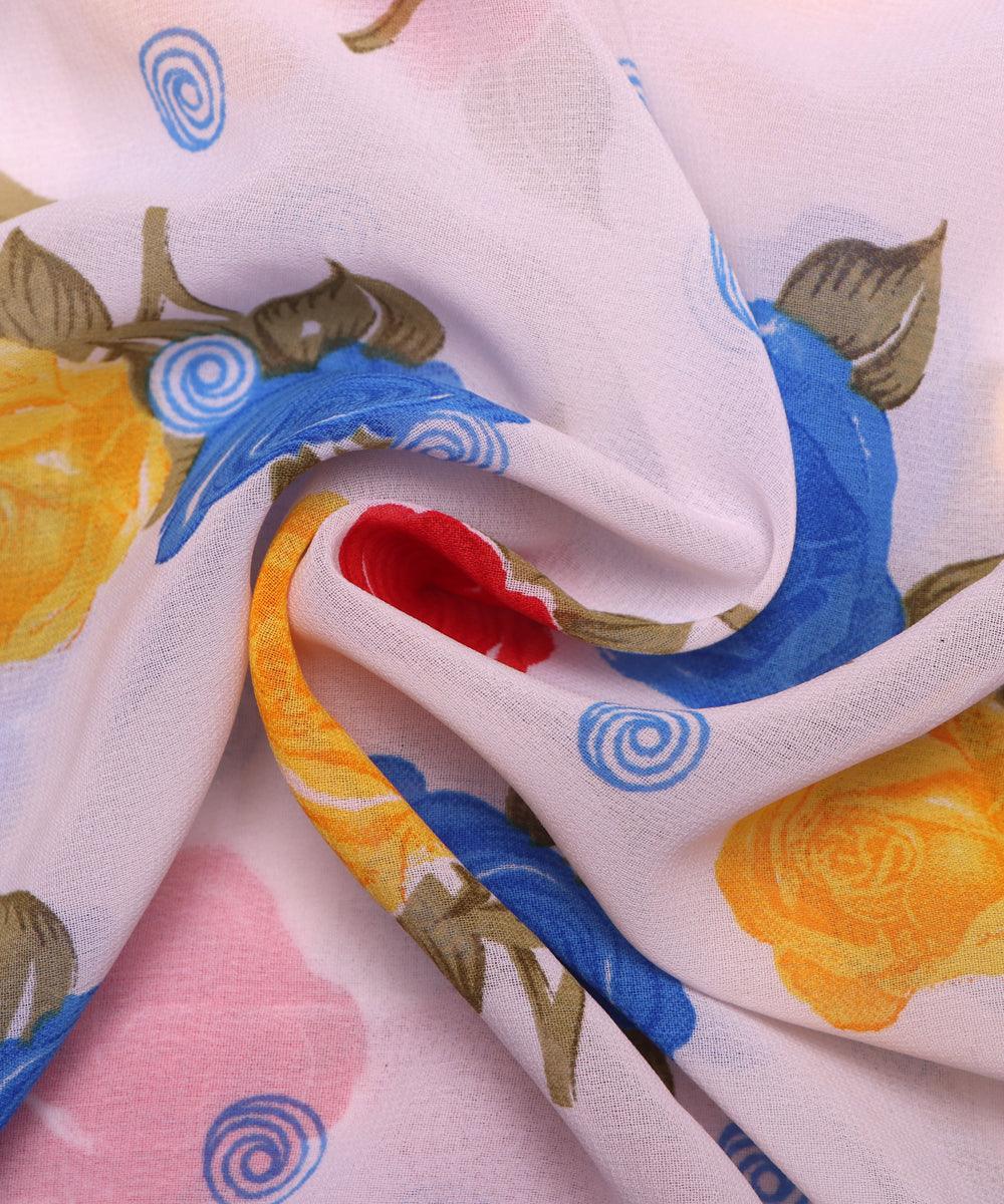 white blue floral print georgette fabric
