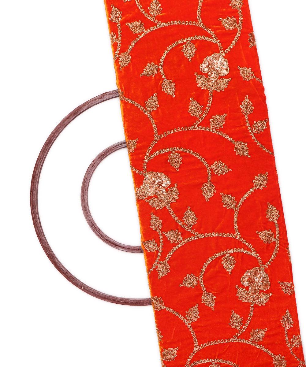 orange colour floral zari embroidery velvet fabric
