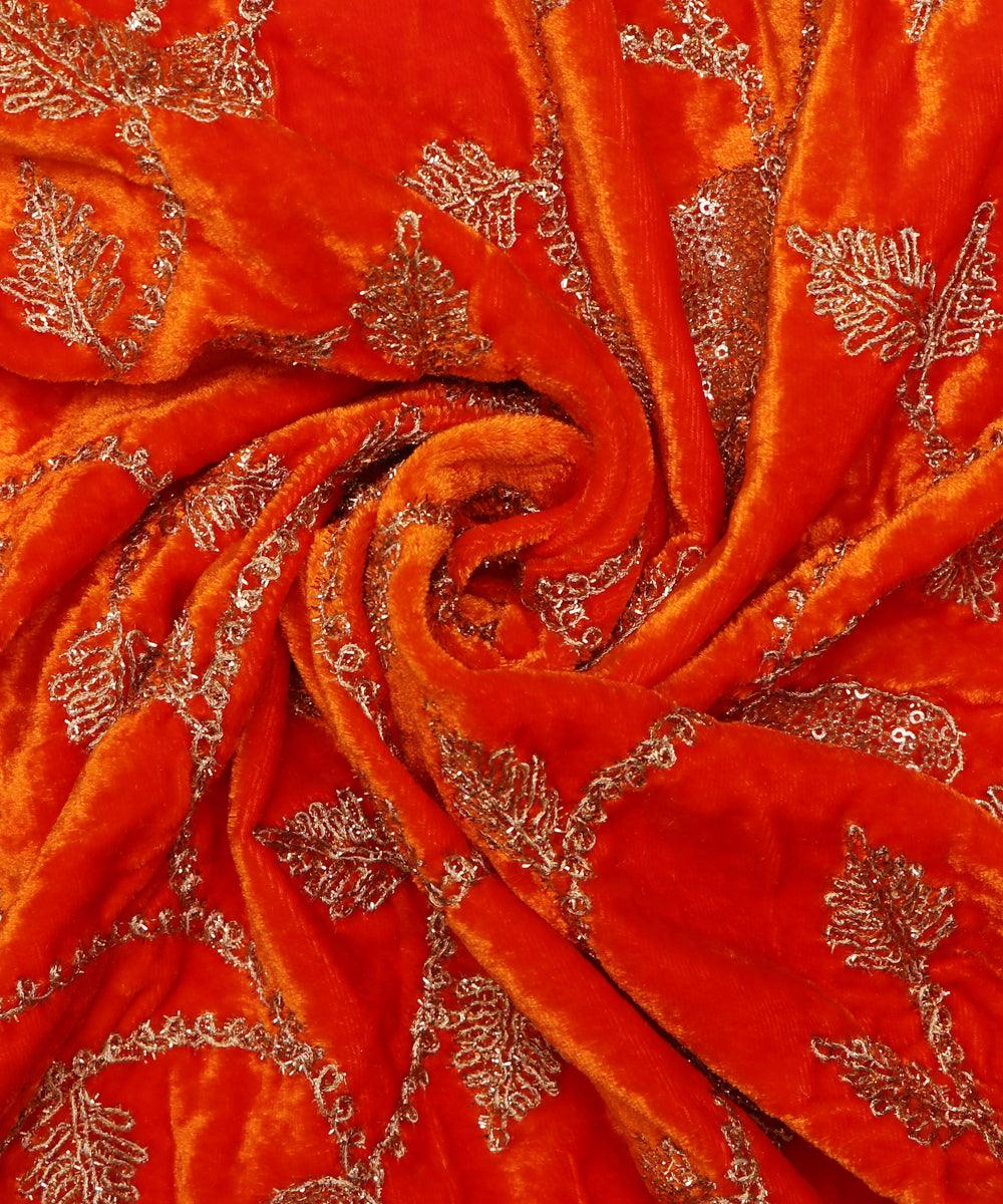 orange colour floral zari embroidery velvet fabric