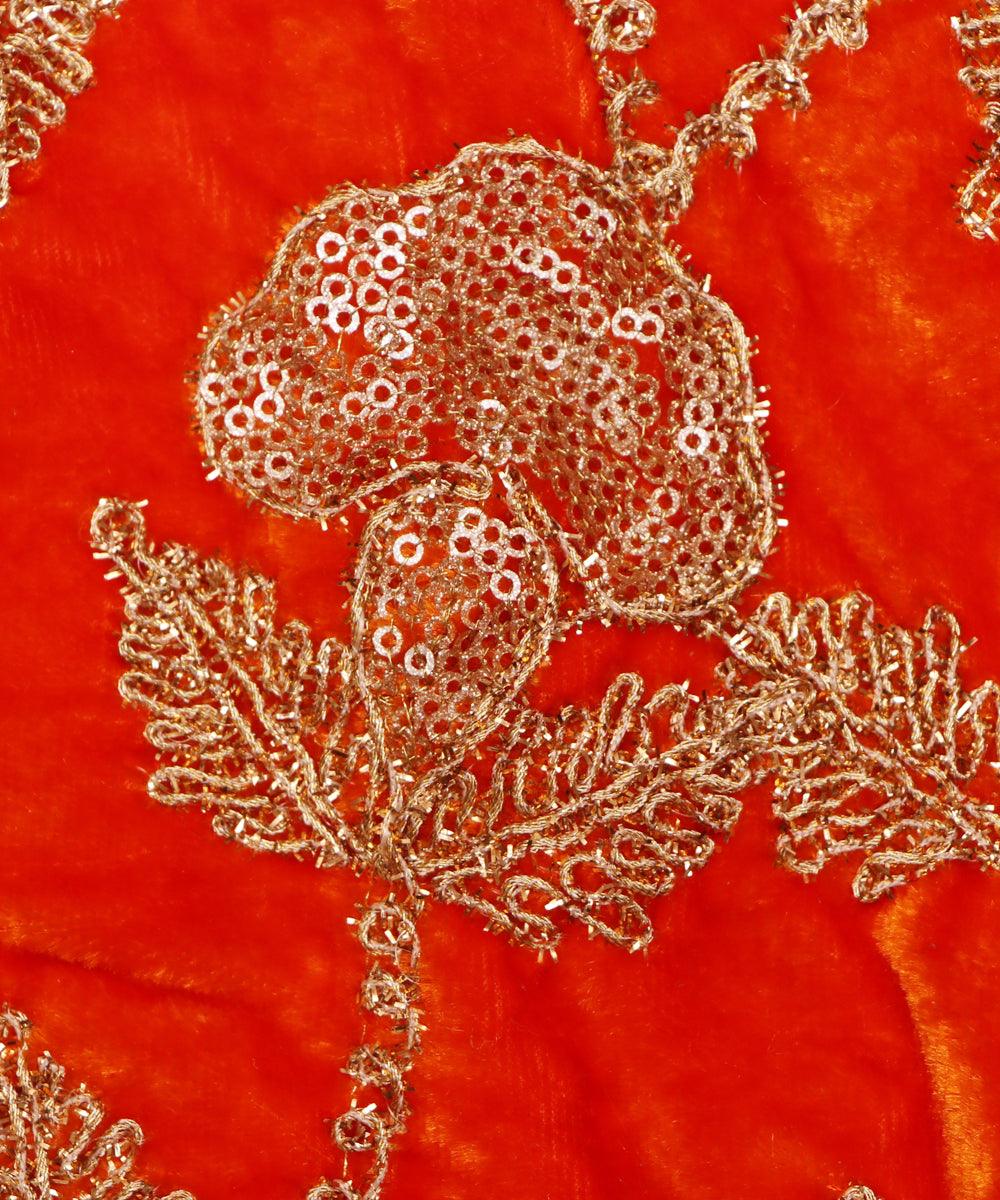 orange colour floral zari embroidery velvet fabric
