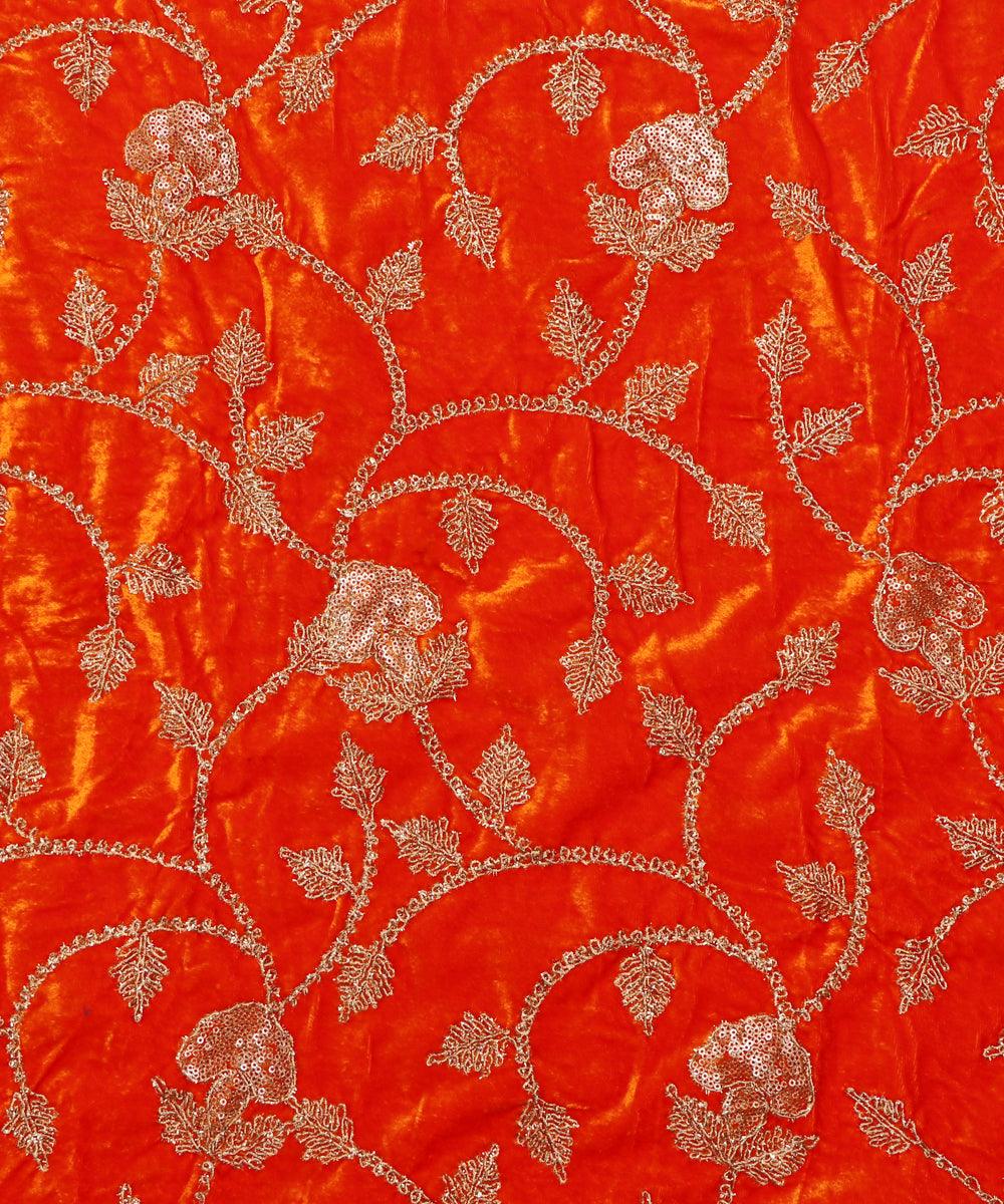 orange colour floral zari embroidery velvet fabric
