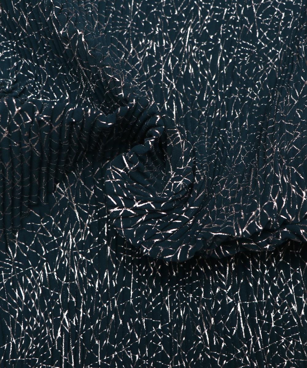 Dark Teal Blue Colour Foil Print Pleated Georgette Fabric - Fabric Dekho