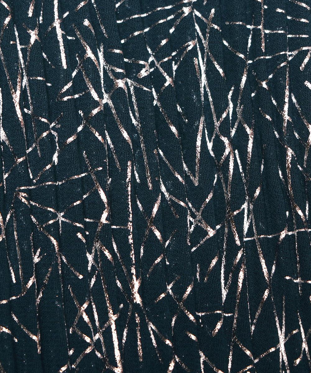 Dark Teal Blue Colour Foil Print Pleated Georgette Fabric - Fabric Dekho