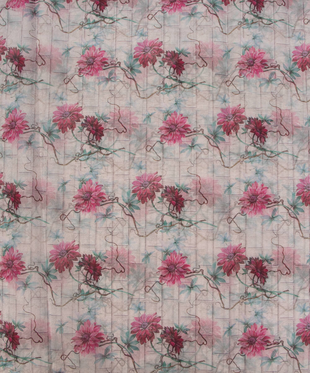 Pink Colour Floral Print Organza Fabric