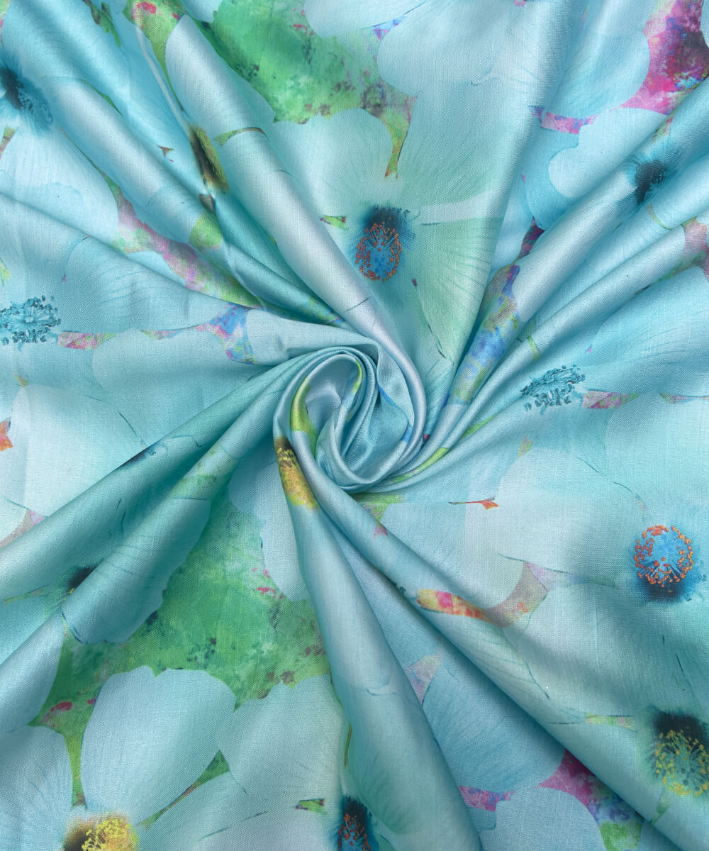 Light Blue Color Floral Print Modal Satin Fabric