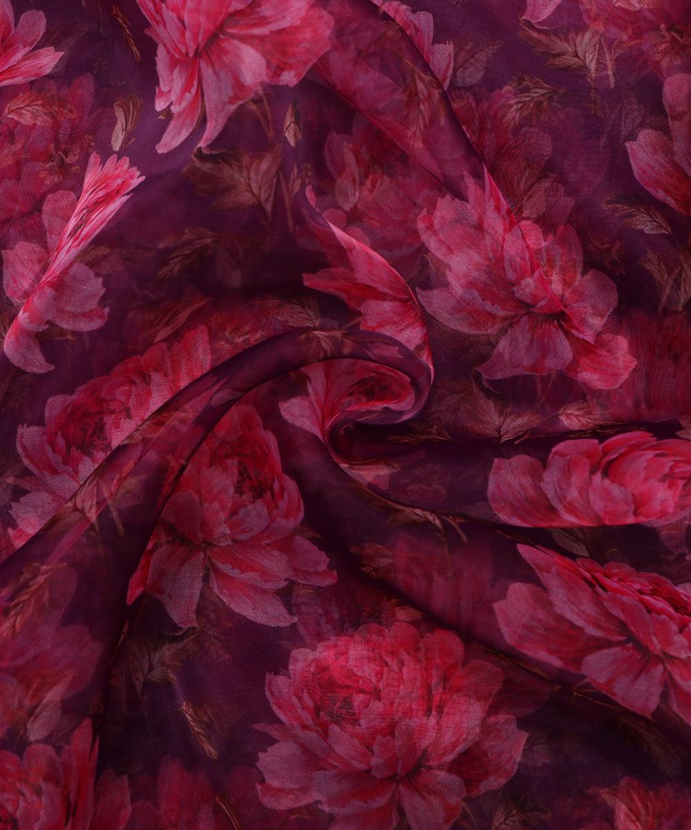 Wine Colour Floral Print Digital Organza Fabric - Fabric Dekho