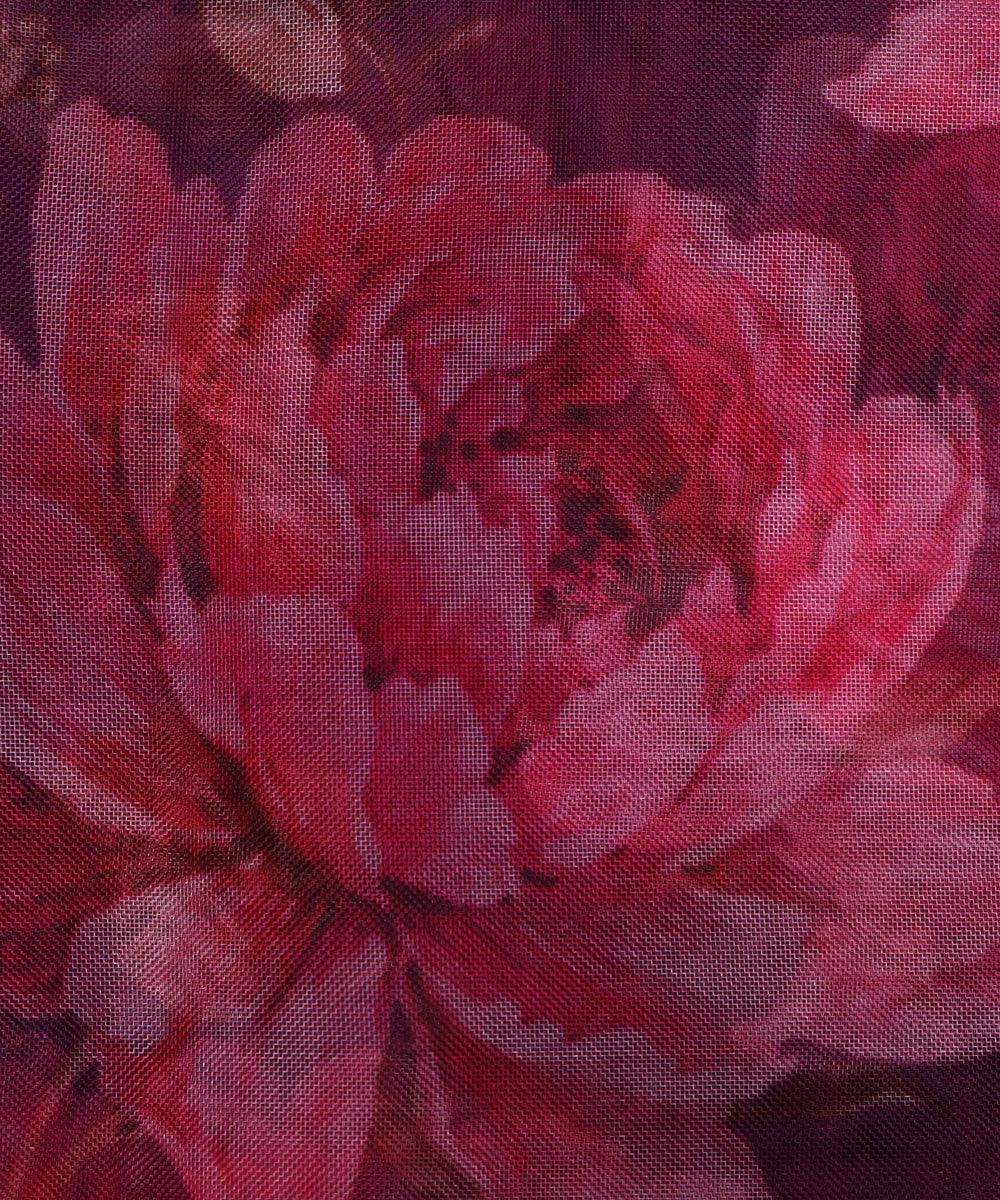 Wine Colour Floral Print Digital Organza Fabric - Fabric Dekho