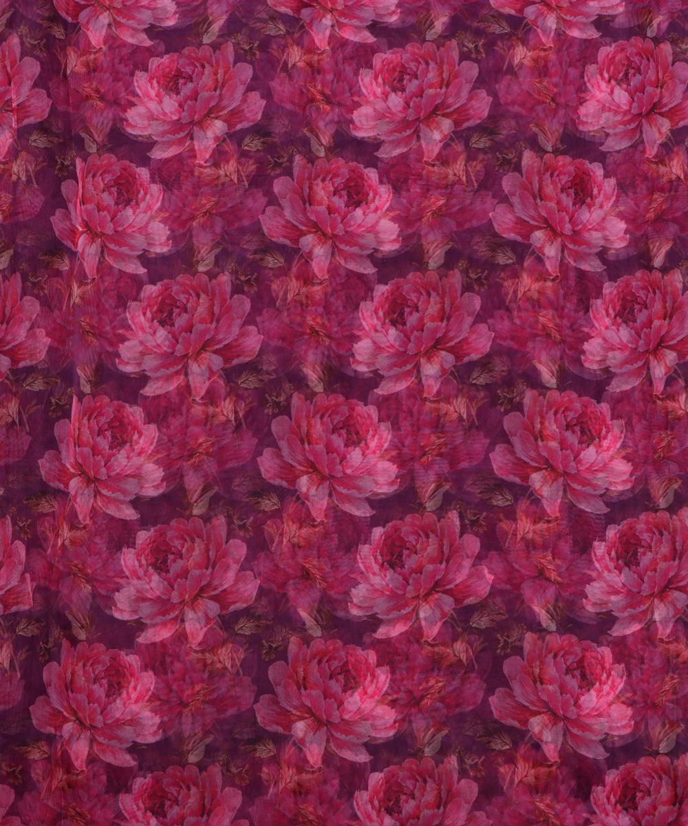 Wine Colour Floral Print Digital Organza Fabric - Fabric Dekho