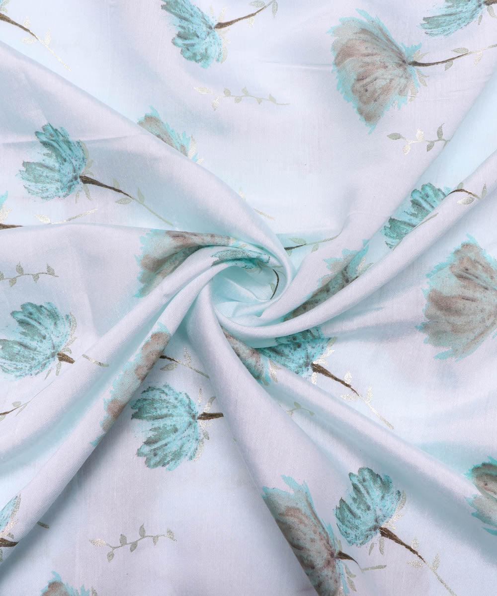 White Colour Floral Print Viscose Modal Cotton Silk Fabric - Fabric Dekho